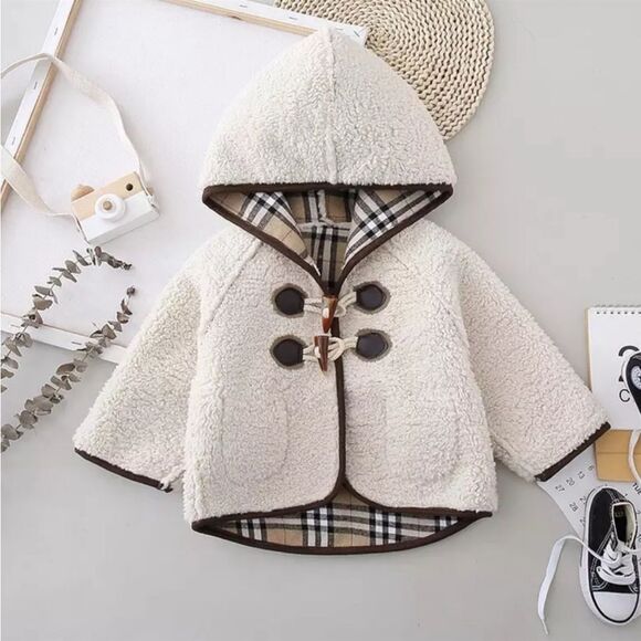 Sherpa Ivory Hooded Button Girls Reversible Coat - Picture 3 of 7